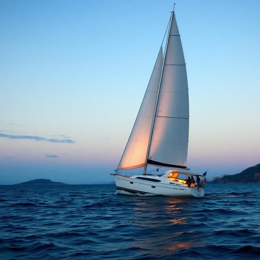 Cruising yacht heeled over on a coastal passage at dusk under full sail