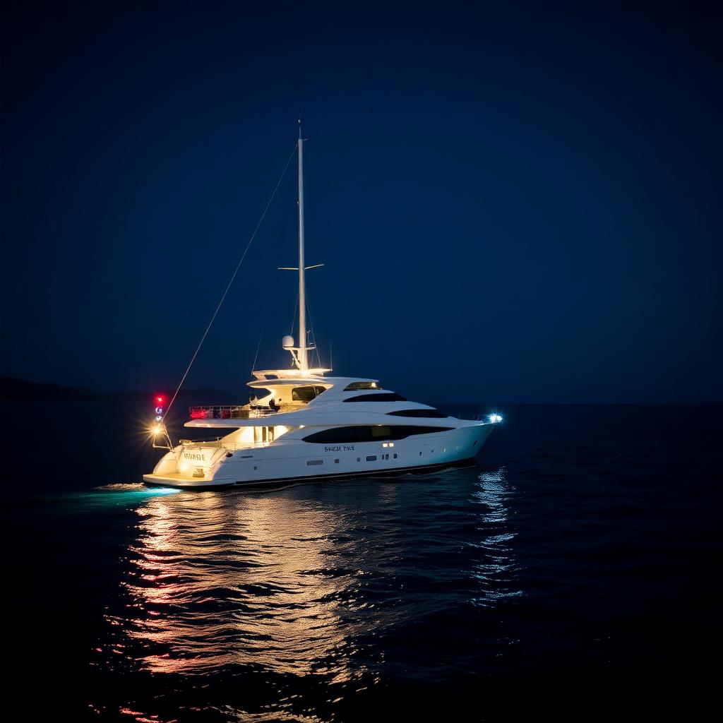 Yacht sailing at night with navigation lights on, dark Mediterranean sea