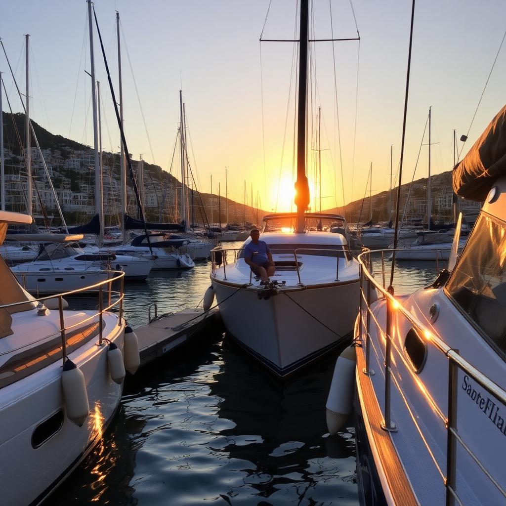 Skipper berthing a yacht stern-to in a busy Mediterranean marina at golden hour