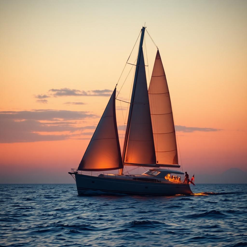 Cruising yacht heeled over on passage at dusk under full sail