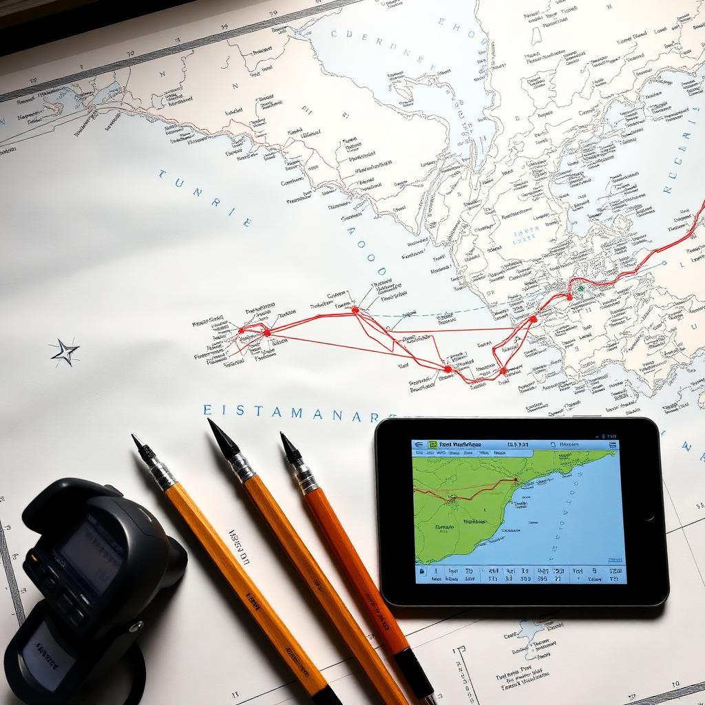 Mediterranean nautical chart with plotted courses and a tablet chart plotter