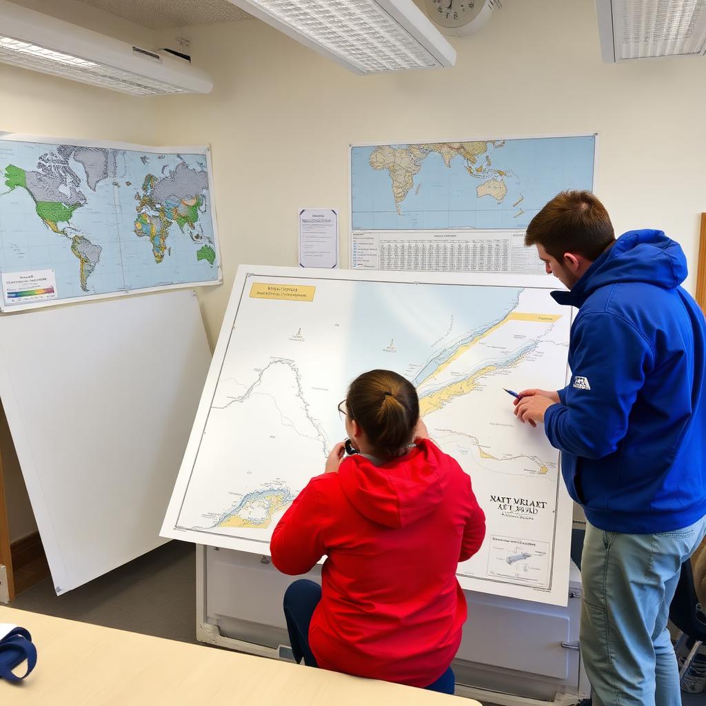 Sailing students plotting a passage on a large chart in a classroom