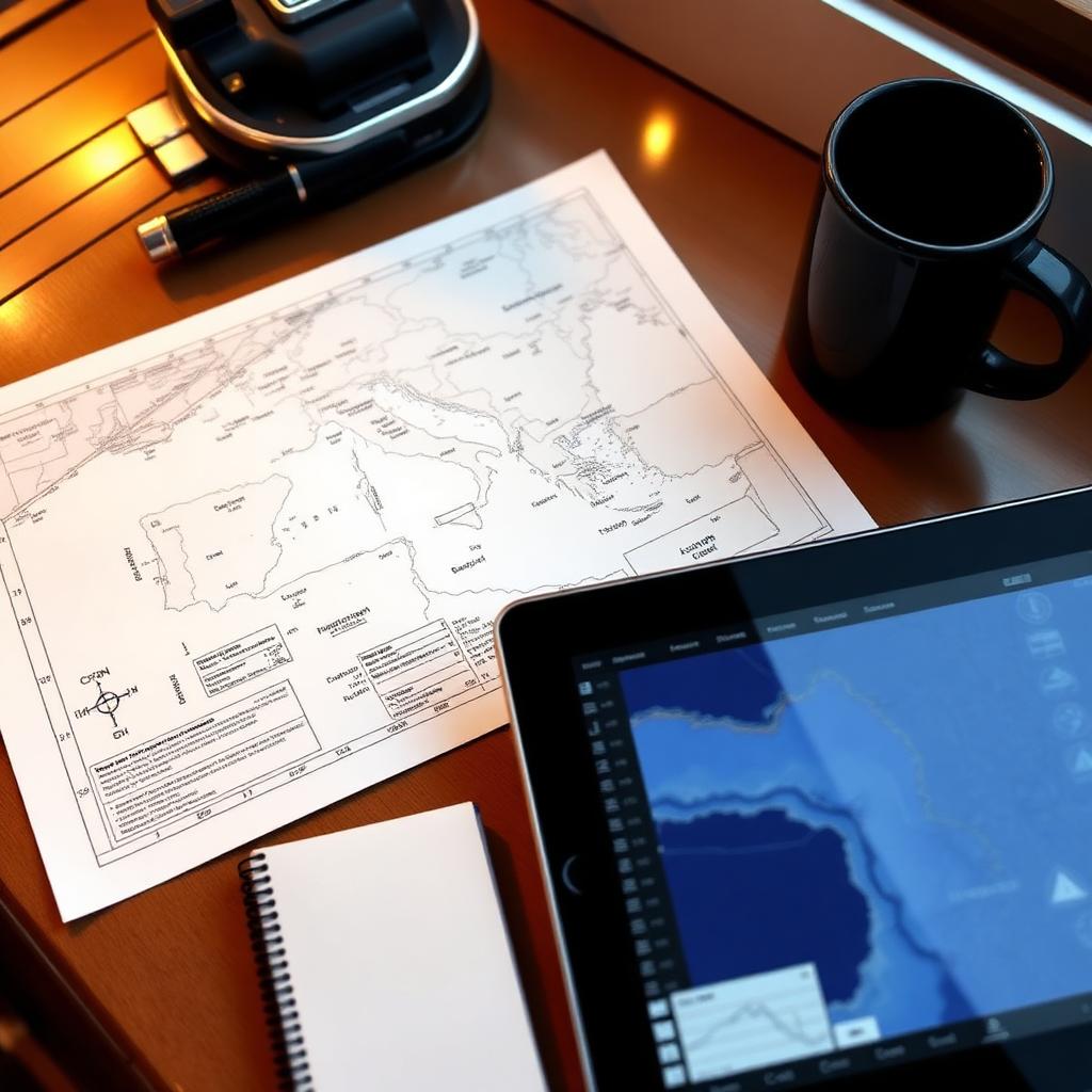 Paper Mediterranean chart alongside a tablet chart plotter