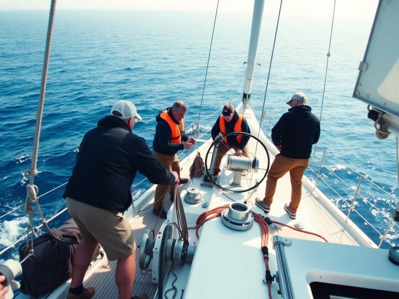 Crew trimming sheets and working the cockpit under sail