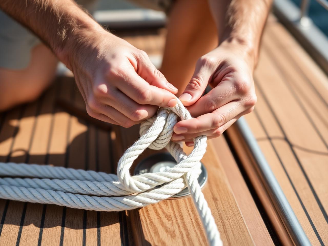 Close-up of hands tying a bowline on a teak deck
