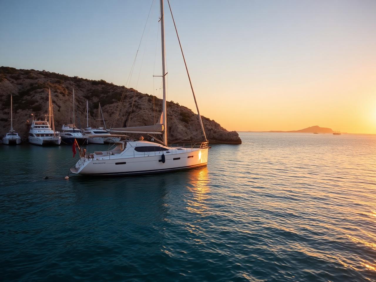 Cruising yacht at anchor in a Menorca cove at sunset