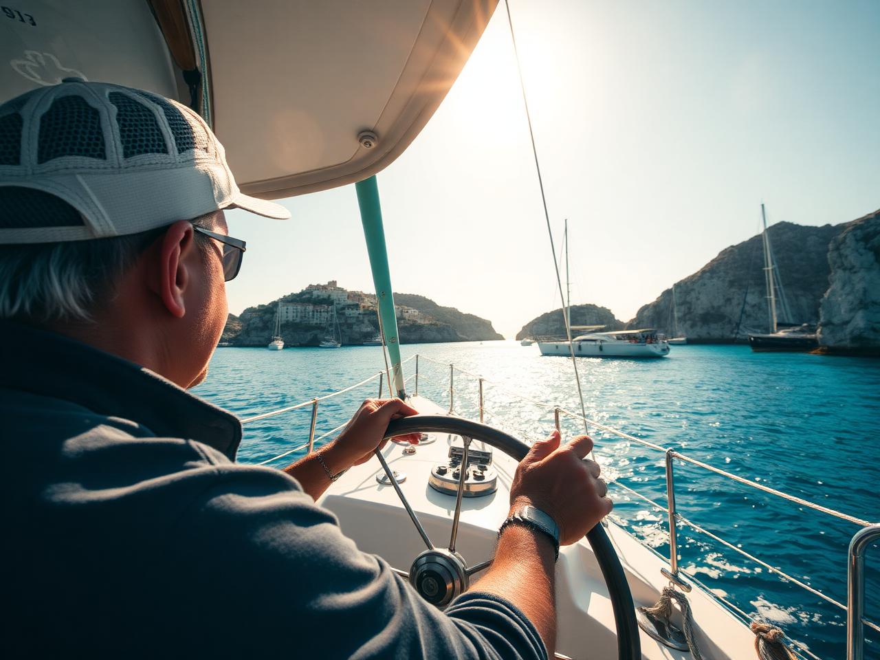 Skipper at the helm approaching a turquoise Balearic anchorage