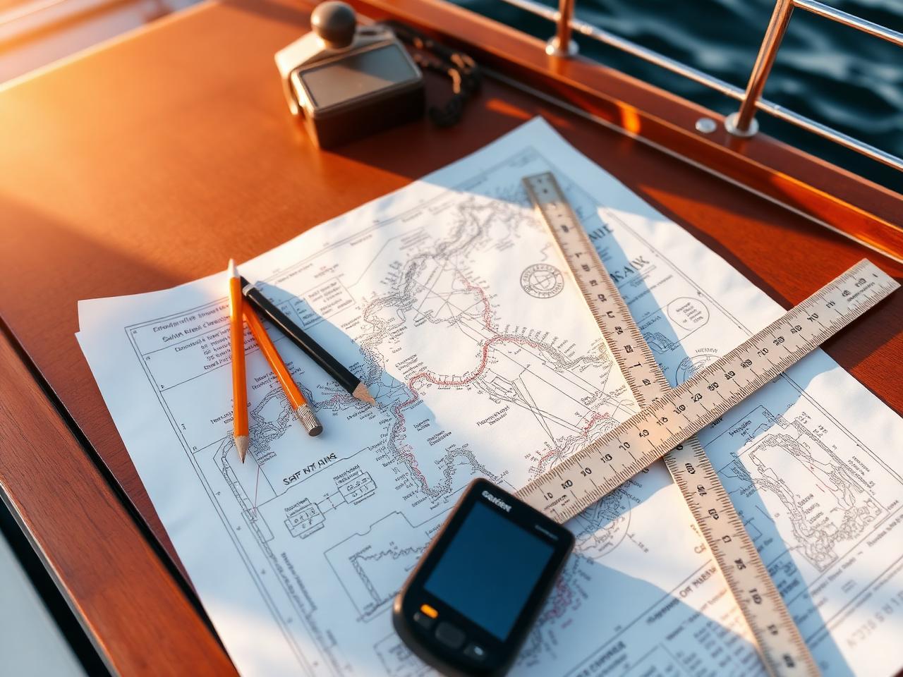 Chart, parallel rulers, pencil and handheld GPS on the cockpit table
