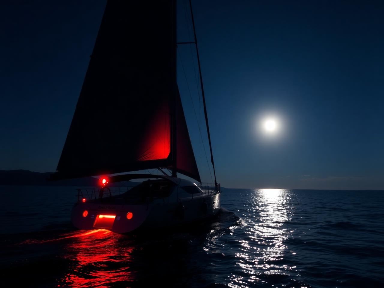 Yacht under sail at night with the moonlight on the water