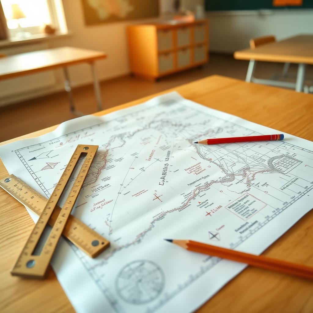 Paper nautical chart with dividers, parallel rulers and pencil on a classroom table