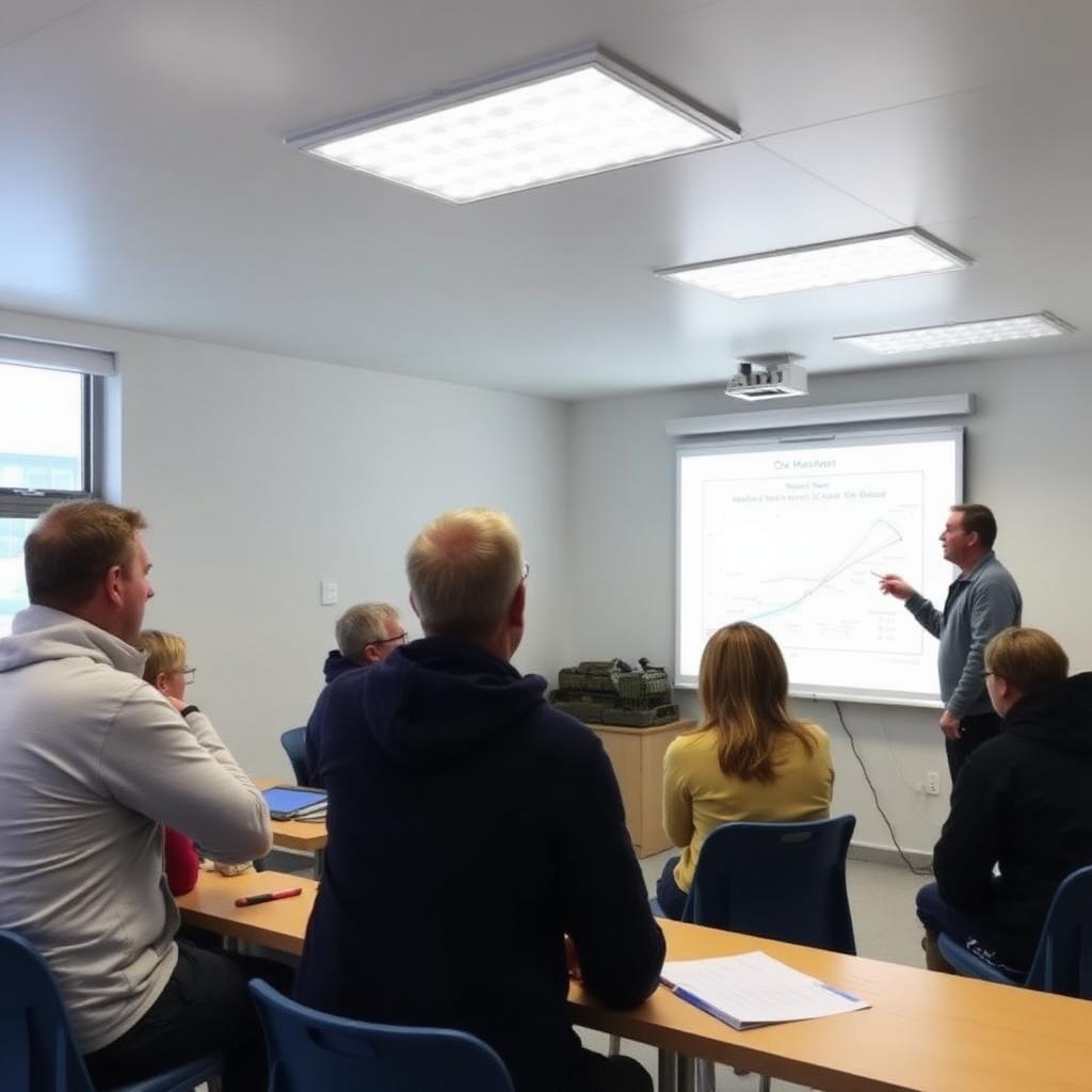 Adult sailing students in a classroom studying navigation with an instructor