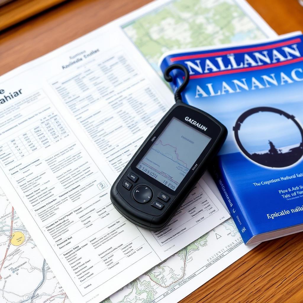 Handheld GPS, tide tables and a nautical almanac on a chart table