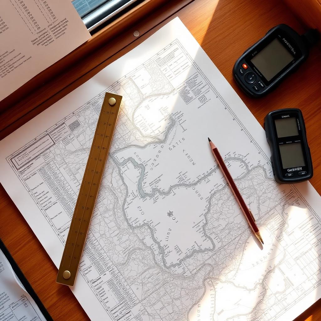 Paper chart with dividers, pencil and handheld GPS on a chart table