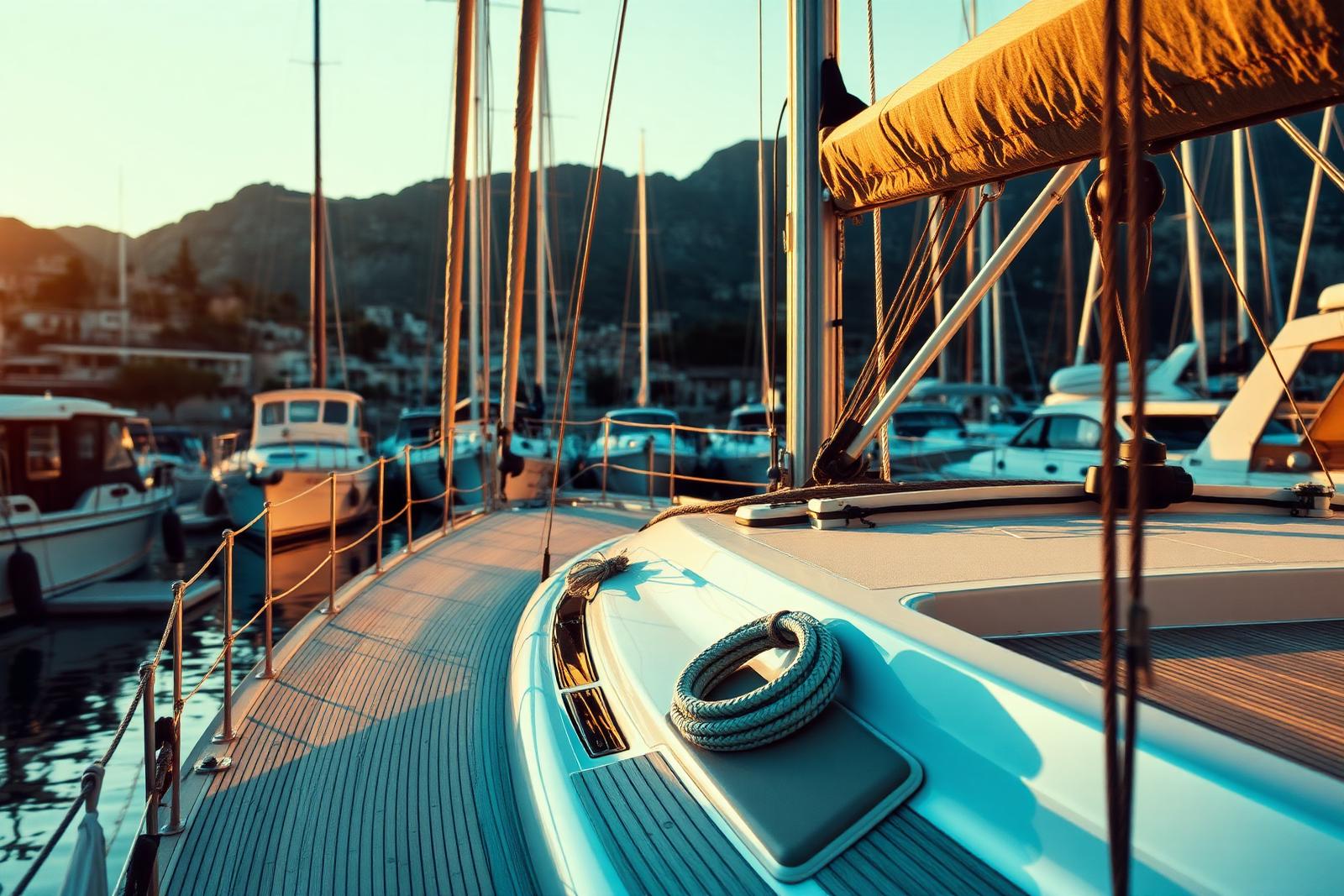 Yacht deck at sunset in a Mediterranean marina