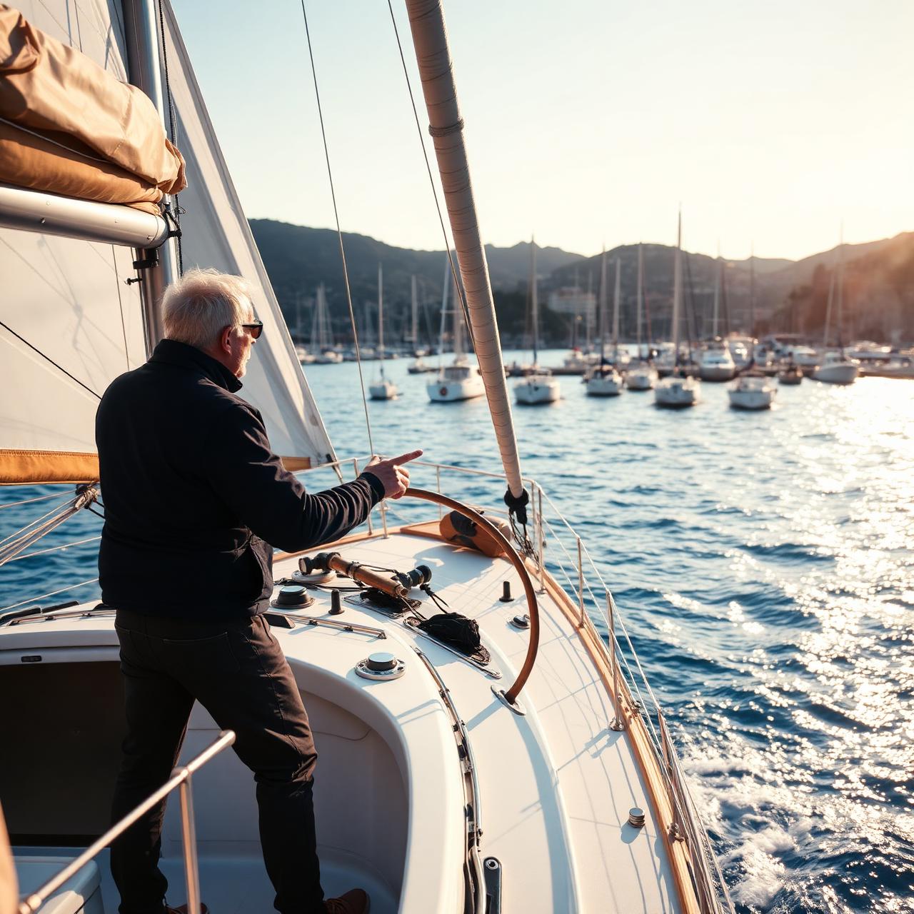 Skipper at the helm of a cruising yacht approaching a Mediterranean marina
