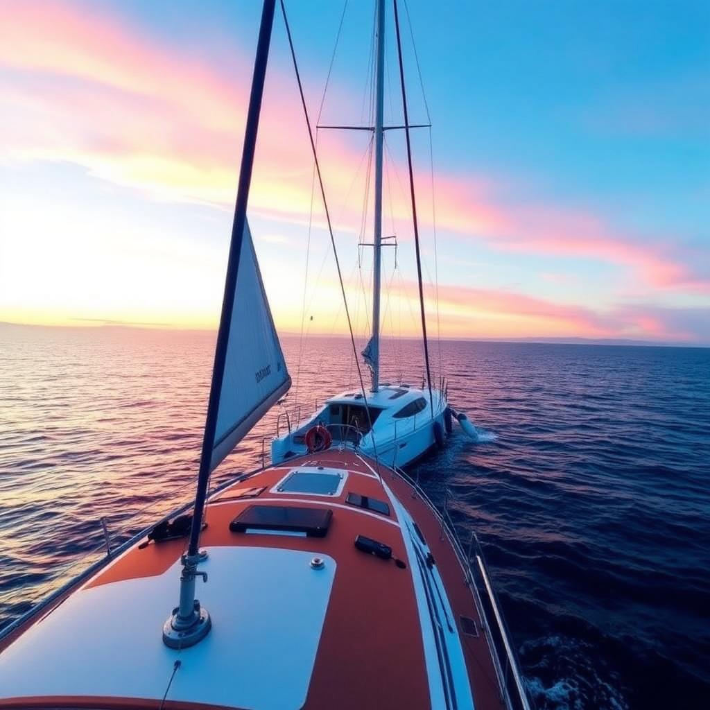 Cruising yacht at sunrise on a long offshore passage, calm sea and pink sky
