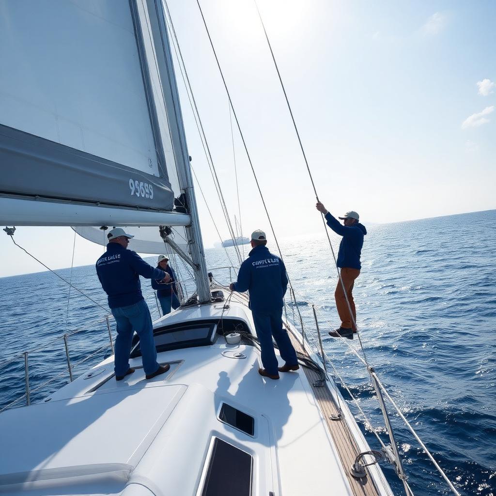 Crew on the foredeck of a yacht changing a headsail on an offshore delivery