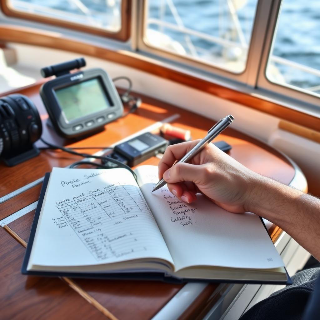 Handwritten personal sailing logbook being filled in on a cockpit table