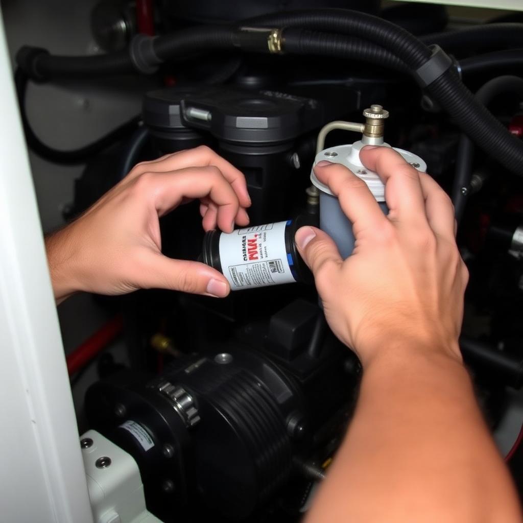 Hands changing a fuel filter on a marine diesel engine in a yacht engine bay