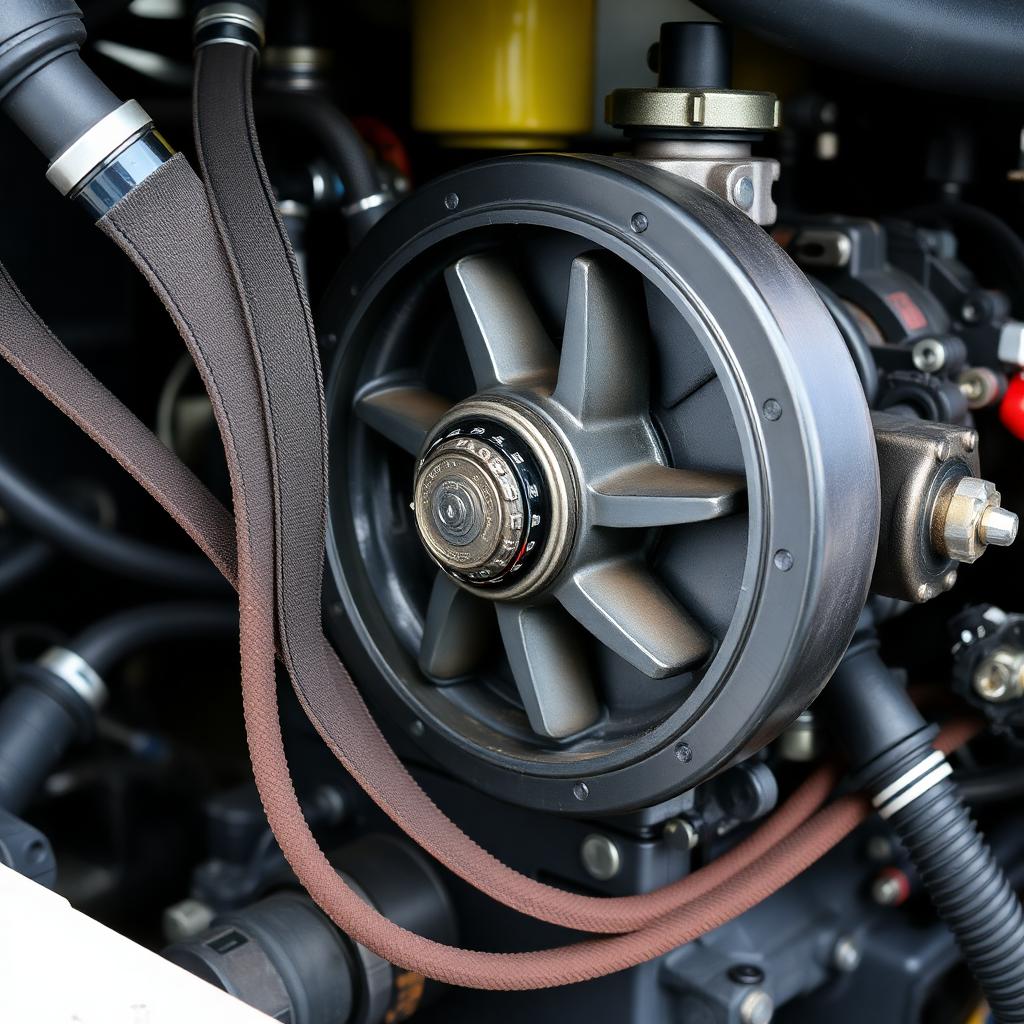 Close-up of a marine diesel engine with belts, impeller housing and cooling hoses