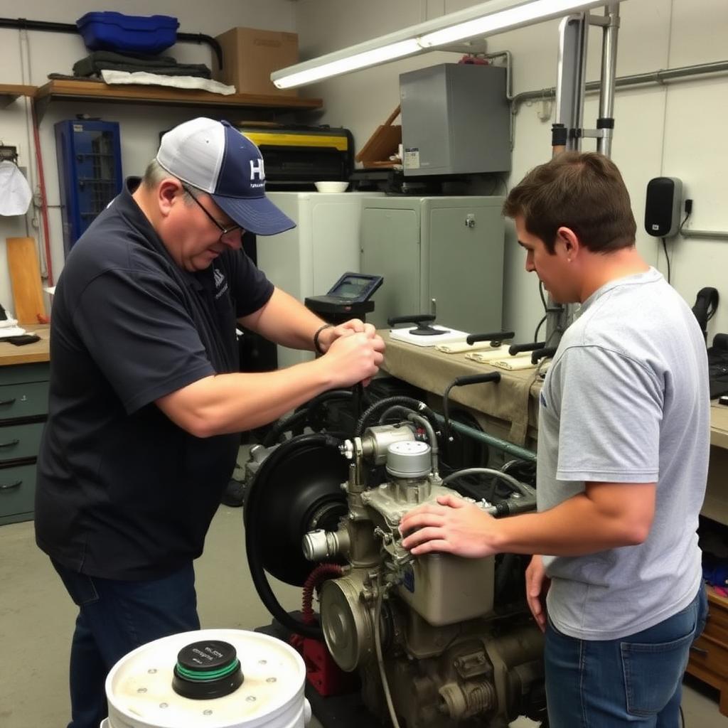 Instructor bleeding the fuel system on a marine diesel with a student watching