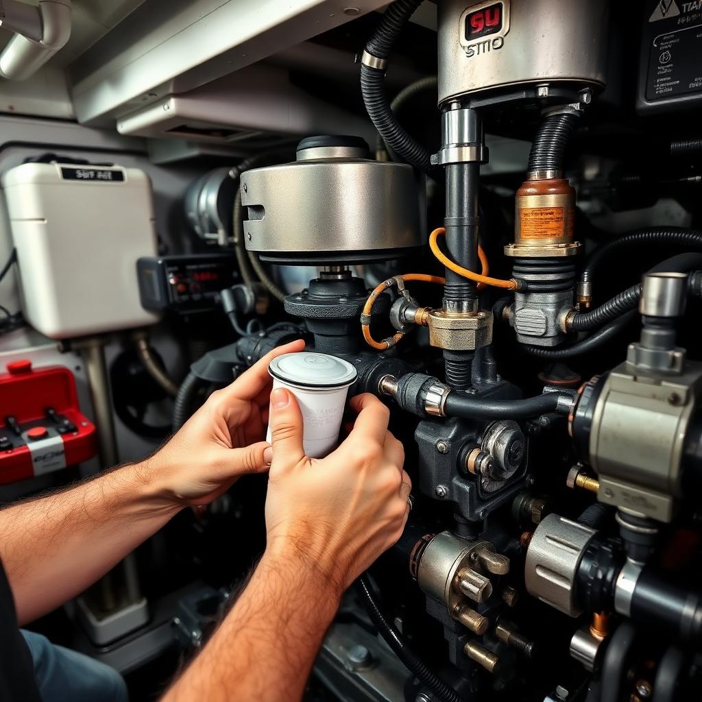 Hands changing a fuel filter on a marine diesel engine