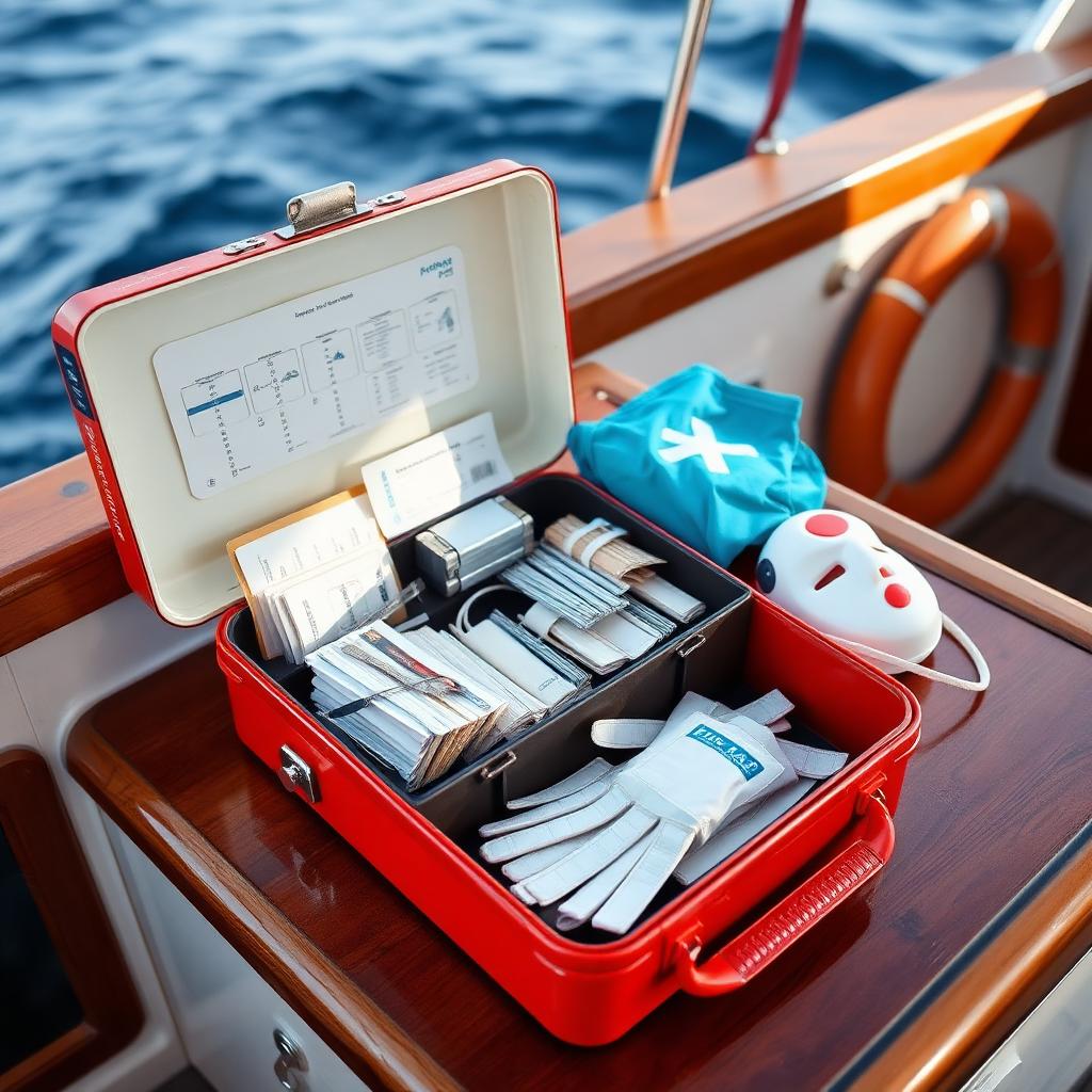 Open marine first aid kit with bandages, gloves and CPR mask on a cockpit table