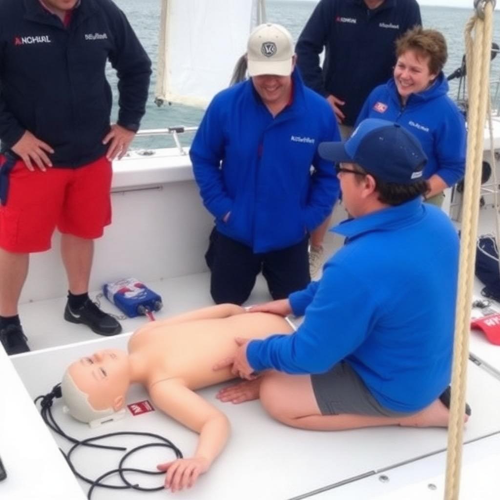 Instructor demonstrating CPR on a training manikin with sailing students