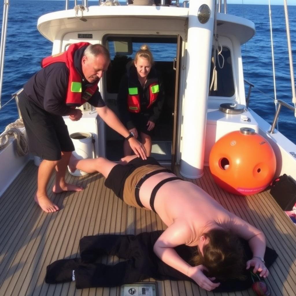 Recovery position demonstration on a yacht deck with instructor guiding student