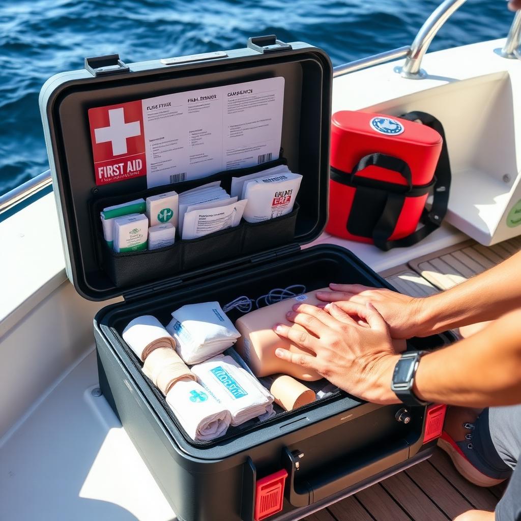 Marine first aid kit open on a yacht deck with CPR practice