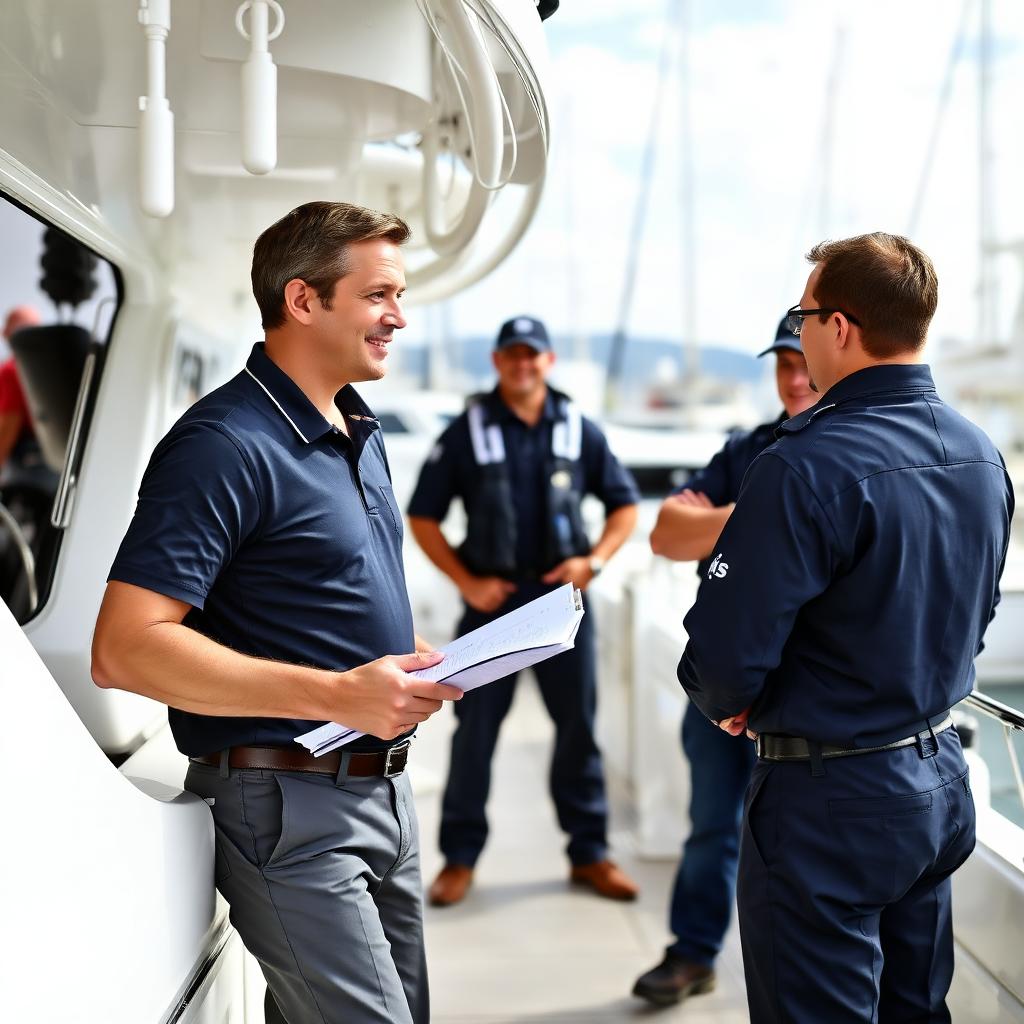 Professional yacht skipper briefing crew on deck with clipboard, marina behind