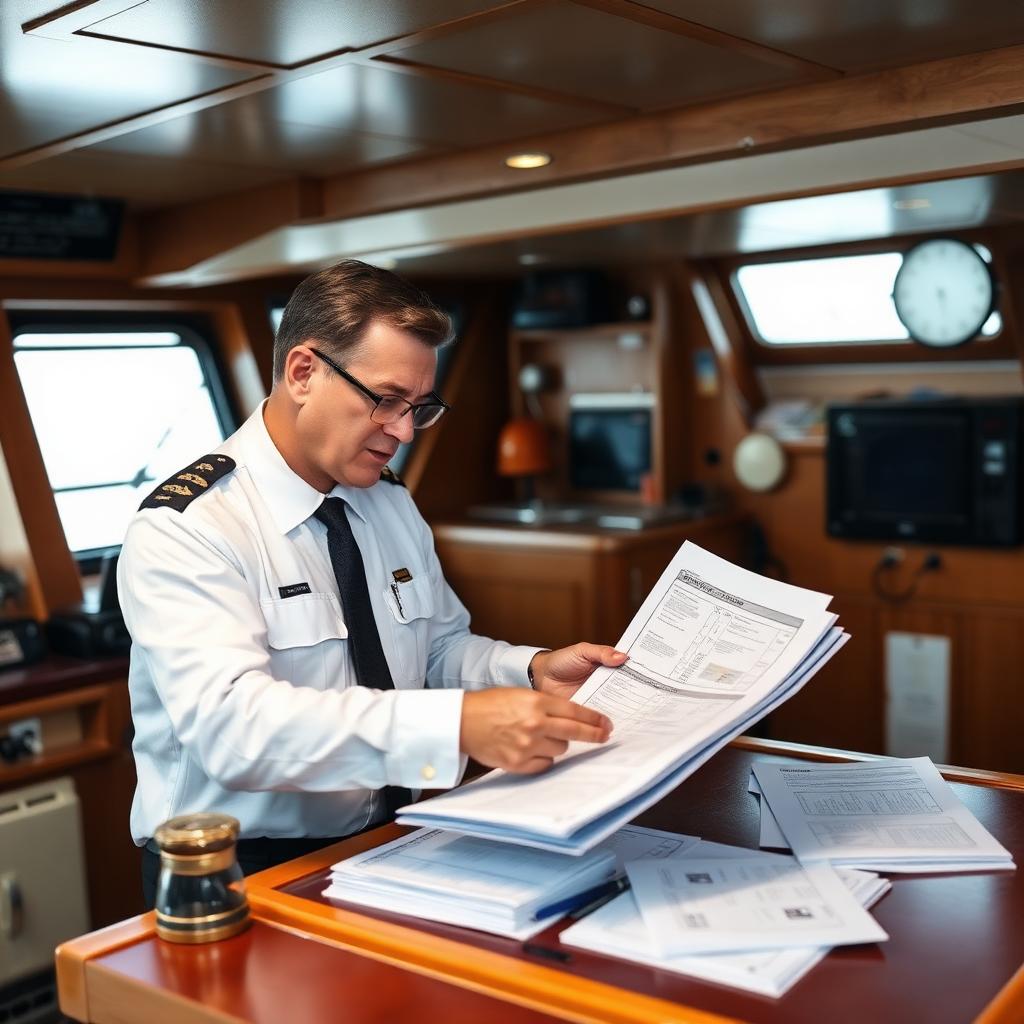 Professional skipper reviewing safety documents and ship's papers at a nav station