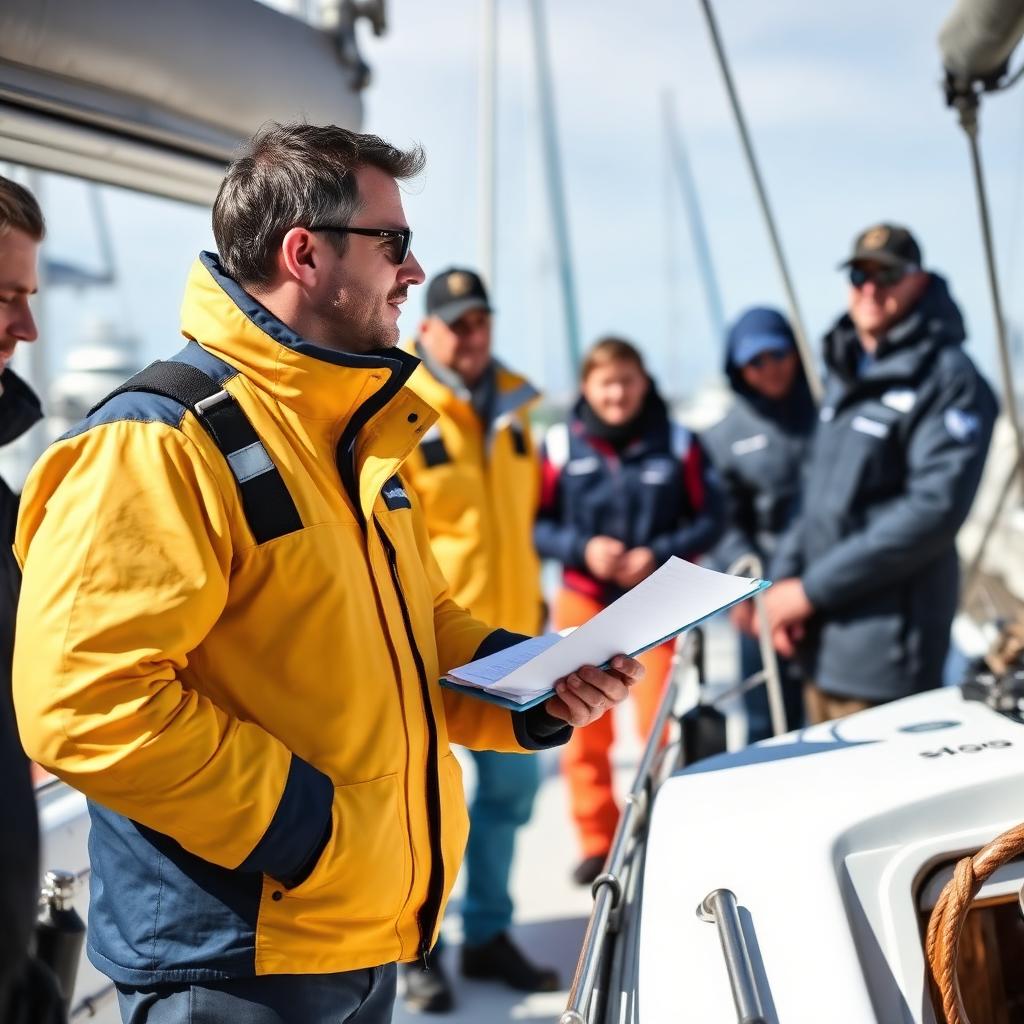 Professional yacht skipper briefing a crew on deck with a clipboard