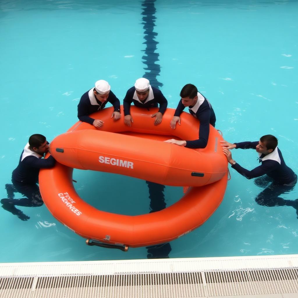 Sailors boarding an inflated orange liferaft in a pool during sea survival training