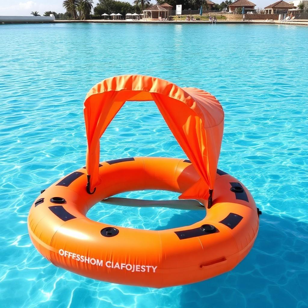 Inflated orange offshore liferaft floating in a swimming pool with canopy up