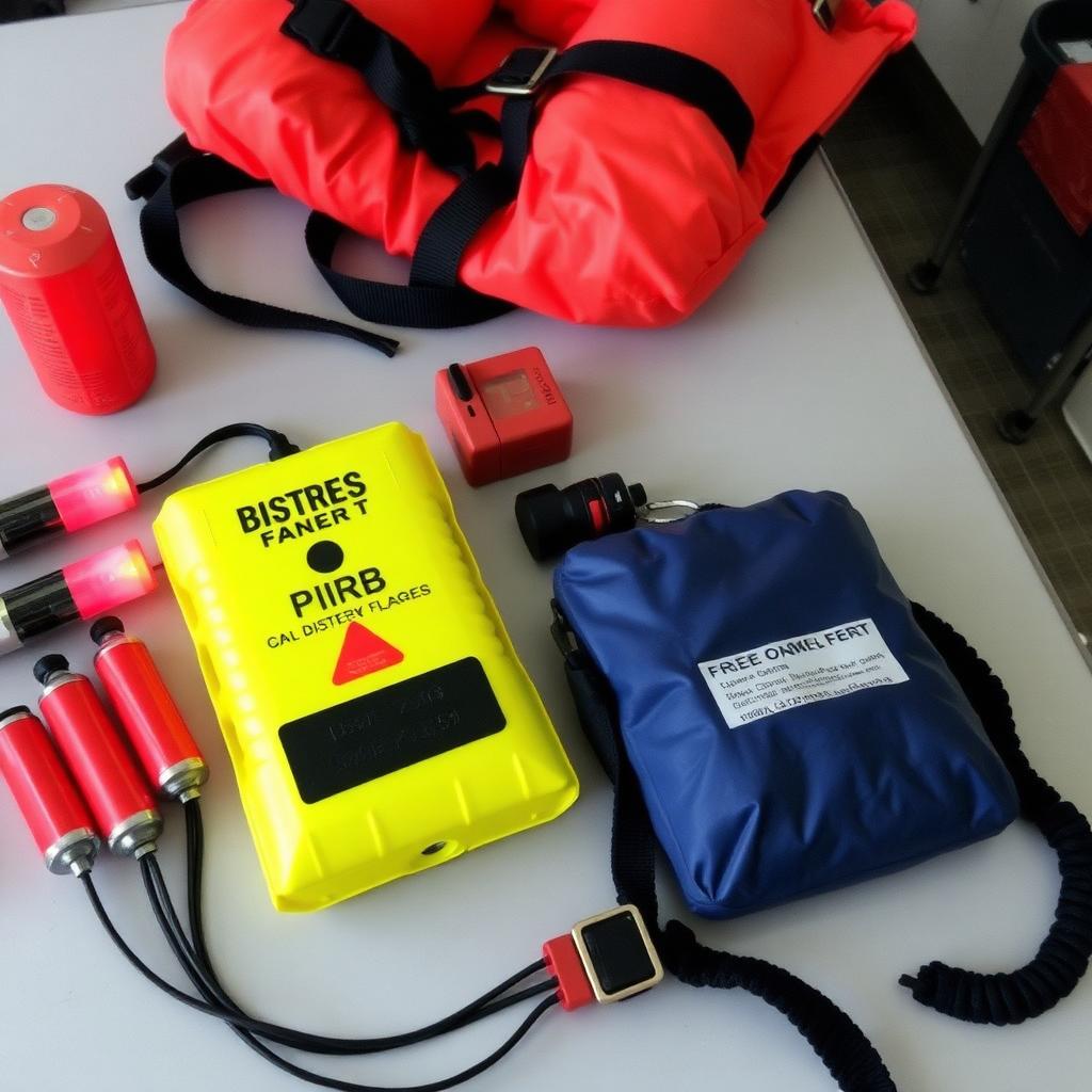 Distress flares, EPIRB and lifejacket laid out on a table for sea survival training