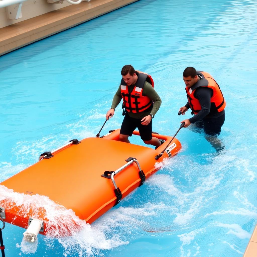 Sailors boarding an orange liferaft in a swimming pool during sea survival training