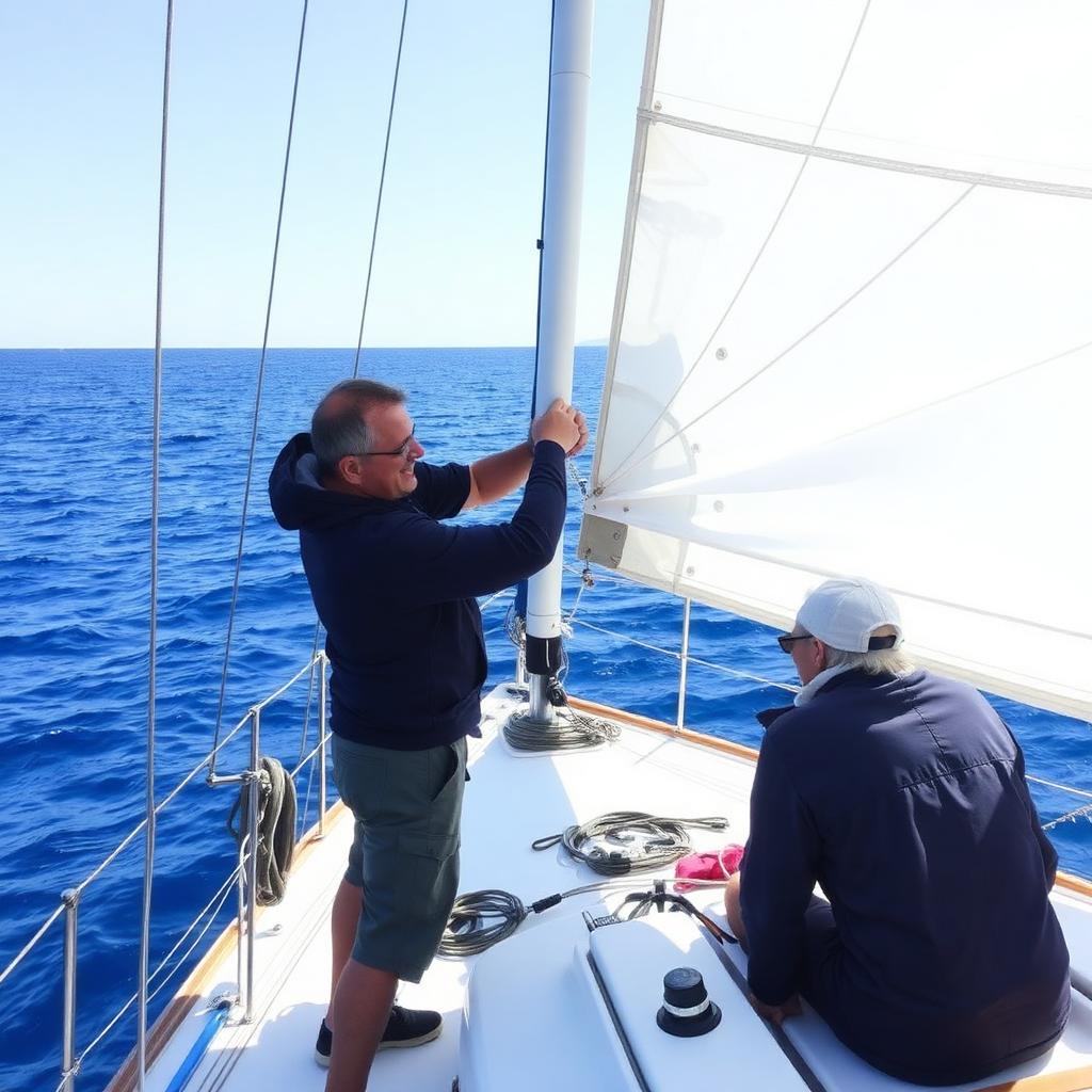 Instructor showing a beginner how to trim a sail on a cruising yacht