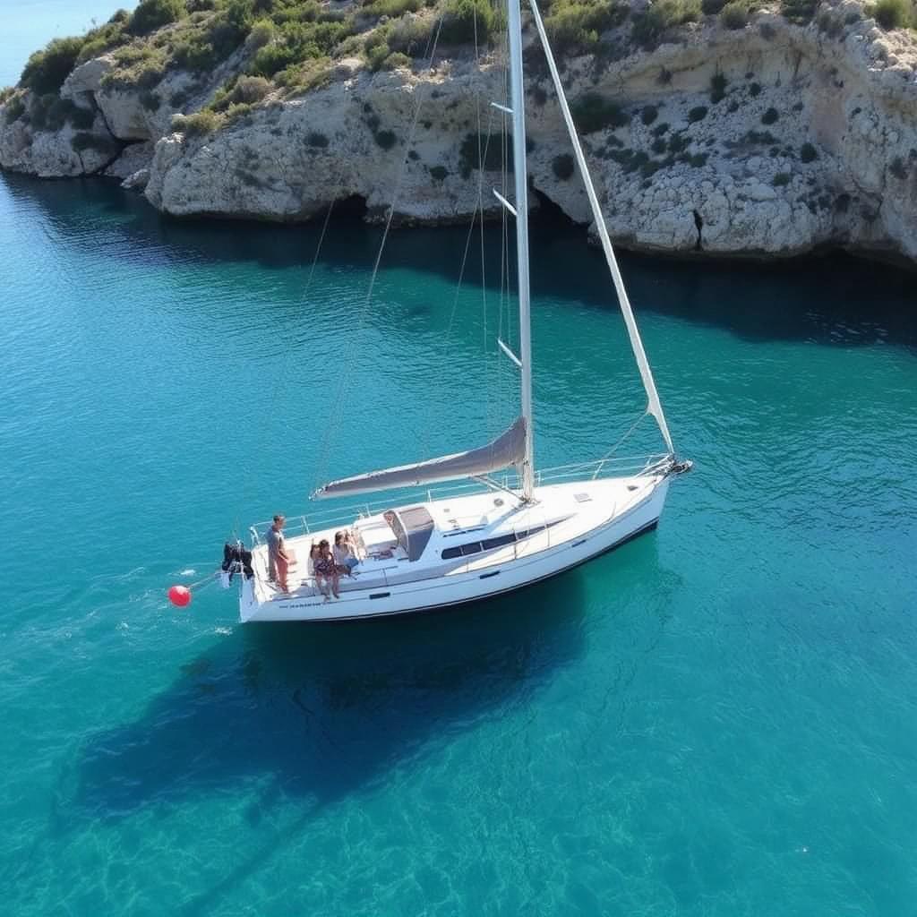 Small cruising yacht anchored in a calm Menorca cove after a first sail