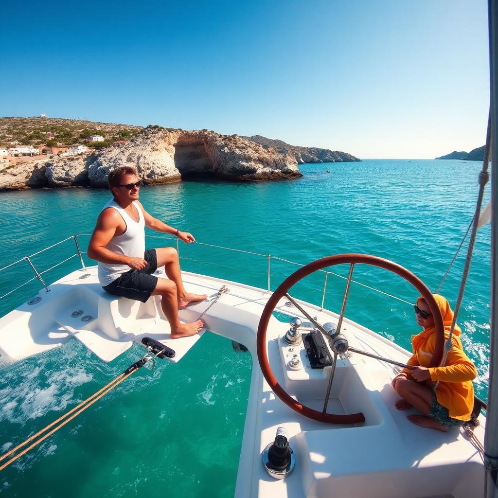 Beginner sailors learning to helm a small yacht in a sheltered Menorca bay