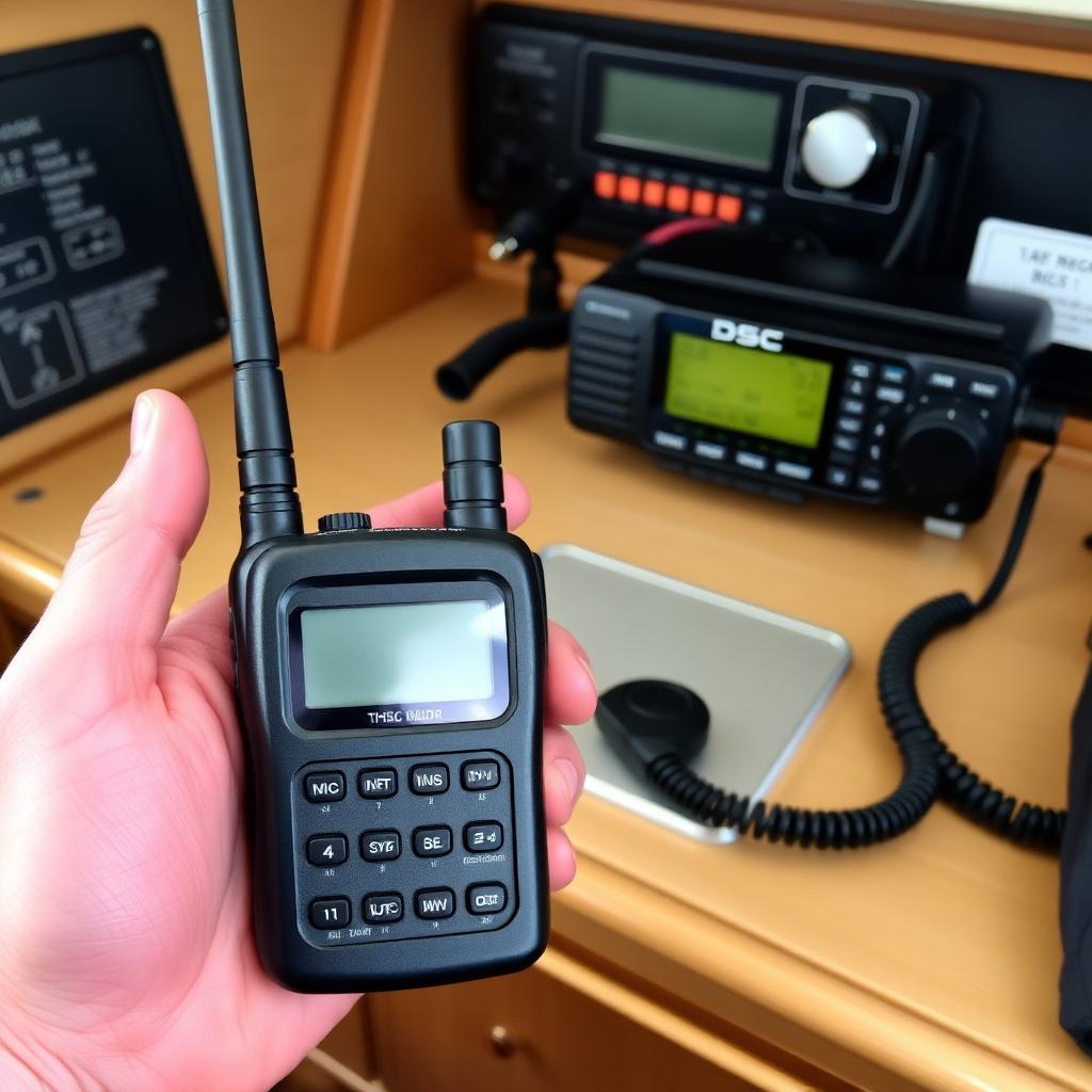 Marine VHF handset held at a yacht nav station with fixed DSC radio behind