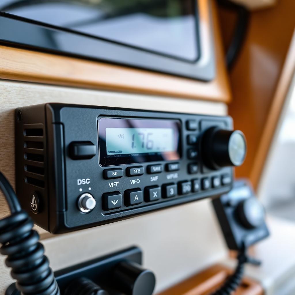 Close-up of a fixed marine VHF radio with DSC controls on a nav station