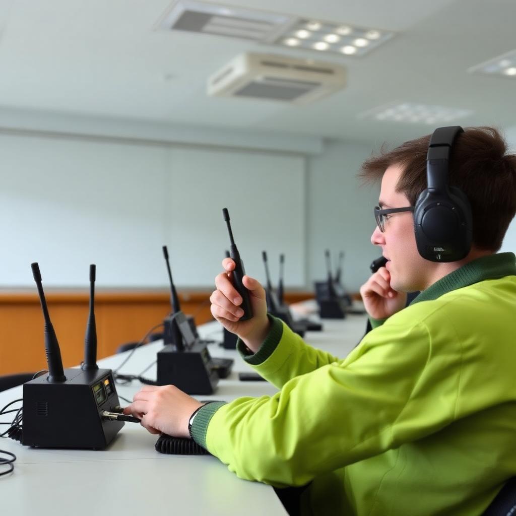 Student practising VHF radio calls in a classroom with training handsets
