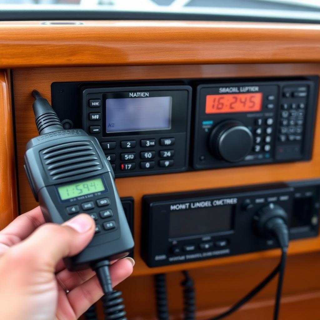 Marine VHF handset and fixed DSC radio at a yacht's nav station