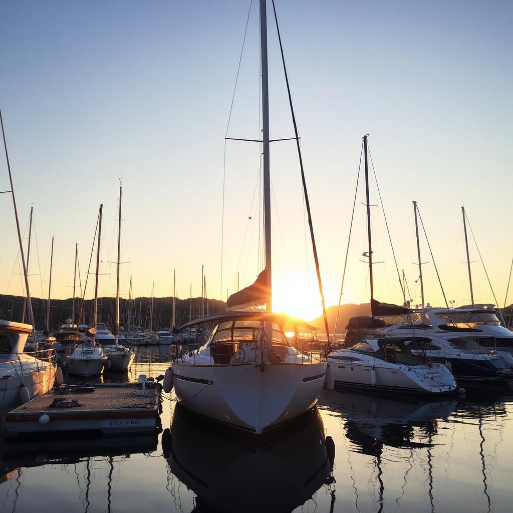 Sailing yacht berthed stern-to in a Mediterranean marina at golden hour