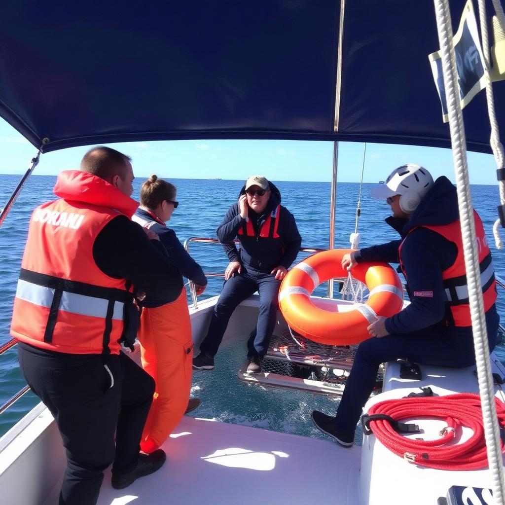 Crew practising a man overboard recovery drill with a dan buoy in the water