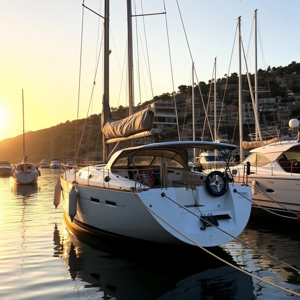 Sailing yacht berthed stern-to in a Mediterranean marina at golden hour