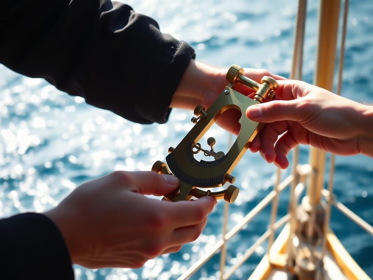 Taking a sun sight with a brass sextant on the deck of an ocean-going yacht