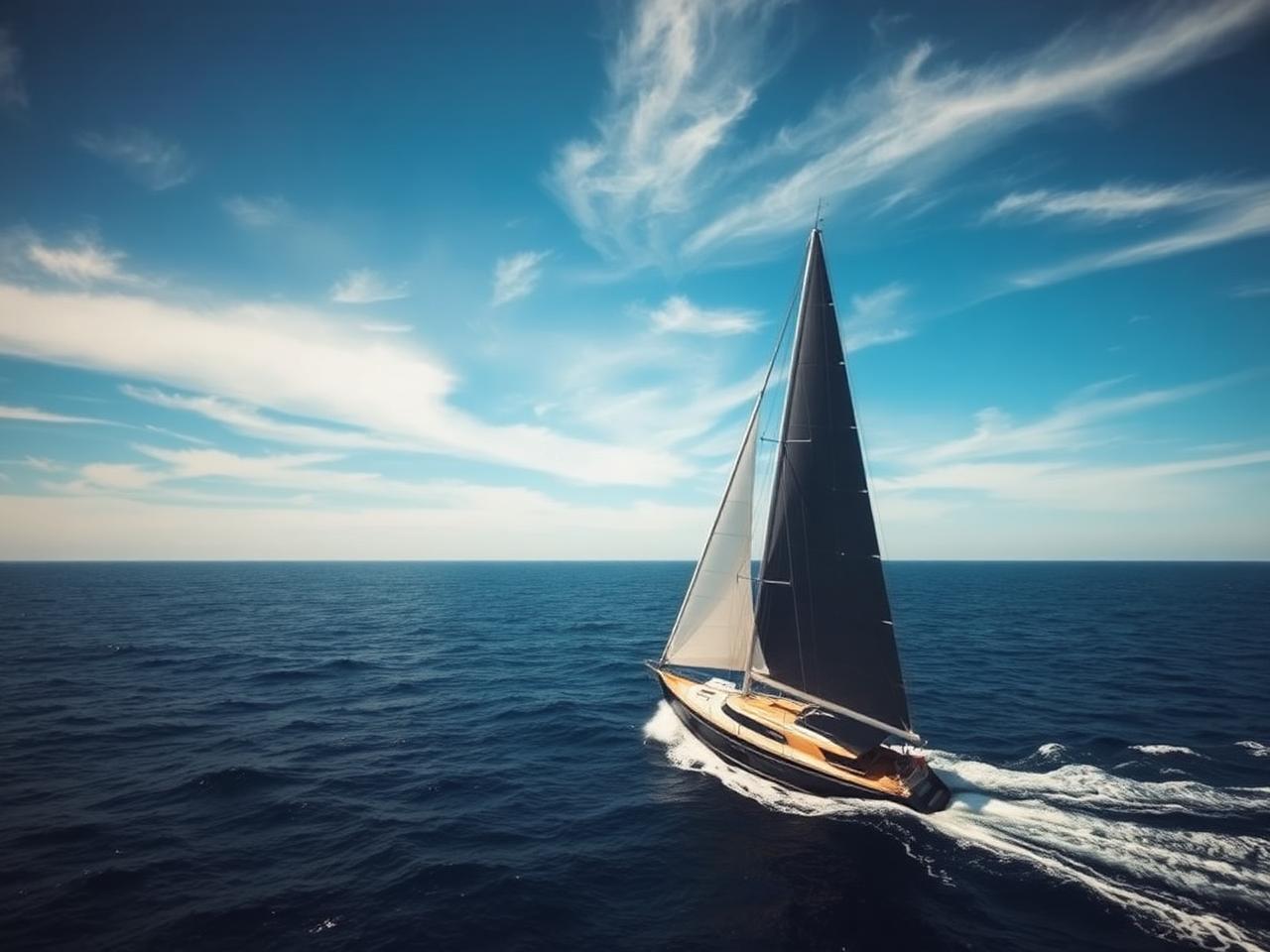 Yacht under full sail on a deep-blue mid-ocean passage