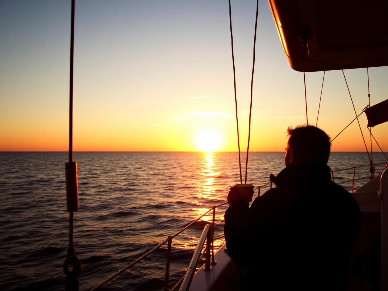Sunrise watch on deck with a mug of coffee, calm ocean horizon